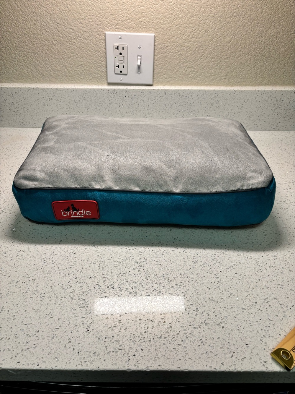 Brindle Gray Top Teal Sides Memory Foam Dog Bed